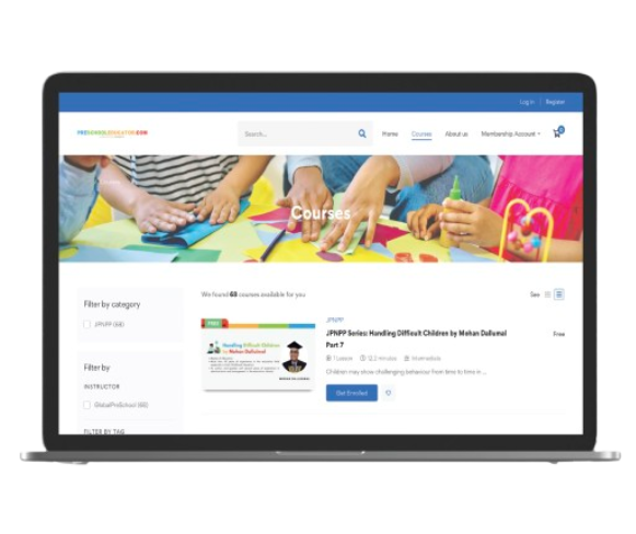 Screenshot of the PreschoolEducator.com platform / an educator using a laptop